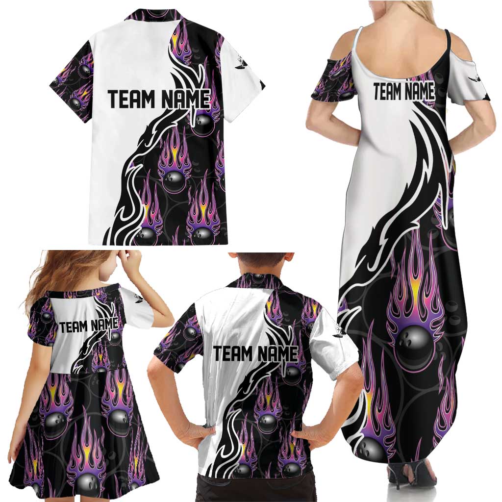 Personalized Bowling Flame Family Matching Summer Maxi Dress and Hawaiian Shirt Black and White Split Pattern and Purple Fireball Graphics - Wonder Print Shop