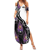Personalized Bowling Flame Family Matching Summer Maxi Dress and Hawaiian Shirt Black and White Split Pattern and Purple Fireball Graphics - Wonder Print Shop