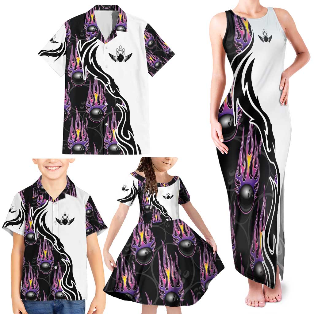 Personalized Bowling Flame Family Matching Tank Maxi Dress and Hawaiian Shirt Black and White Split Pattern and Purple Fireball Graphics - Wonder Print Shop