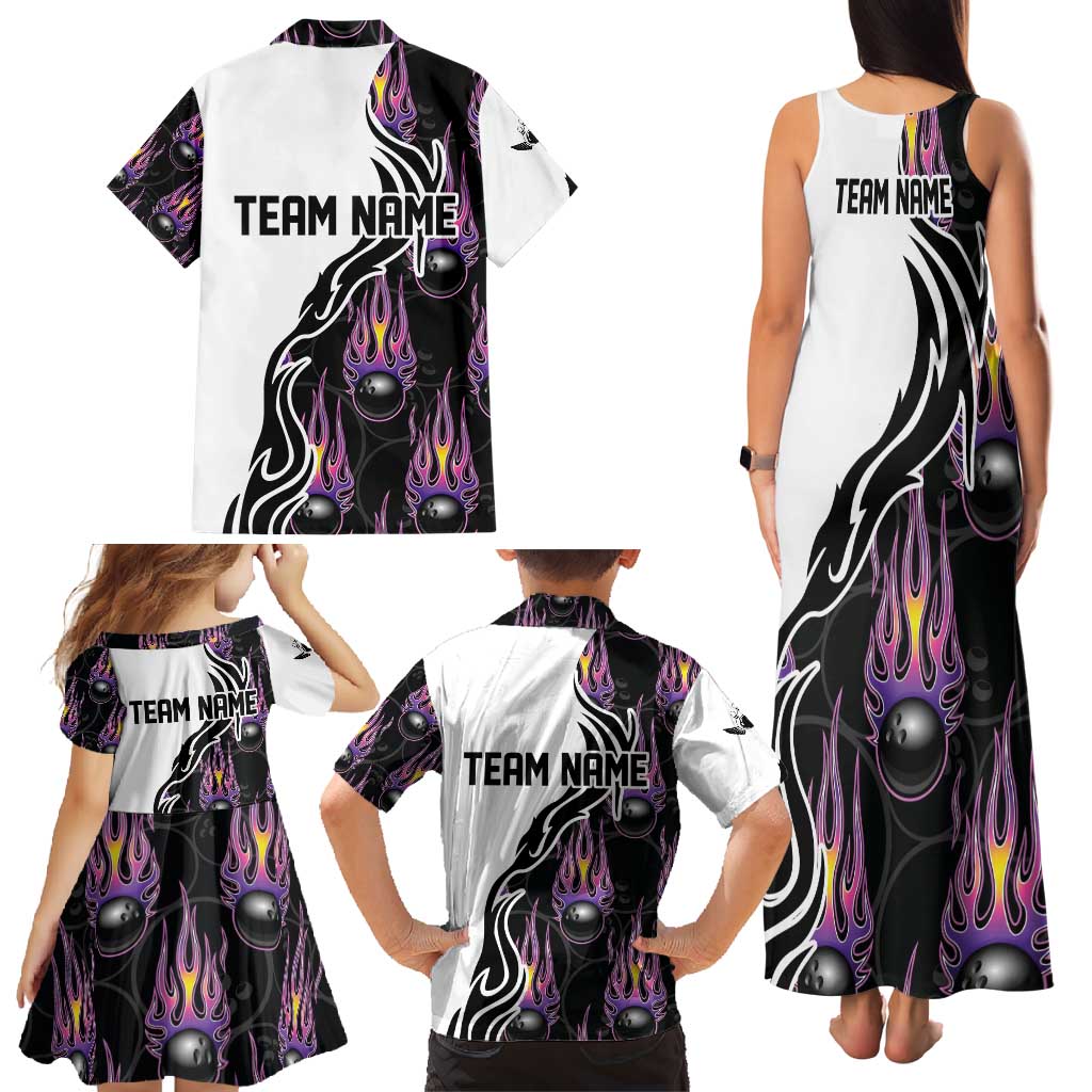 Personalized Bowling Flame Family Matching Tank Maxi Dress and Hawaiian Shirt Black and White Split Pattern and Purple Fireball Graphics - Wonder Print Shop