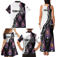 Personalized Bowling Flame Family Matching Tank Maxi Dress and Hawaiian Shirt Black and White Split Pattern and Purple Fireball Graphics - Wonder Print Shop