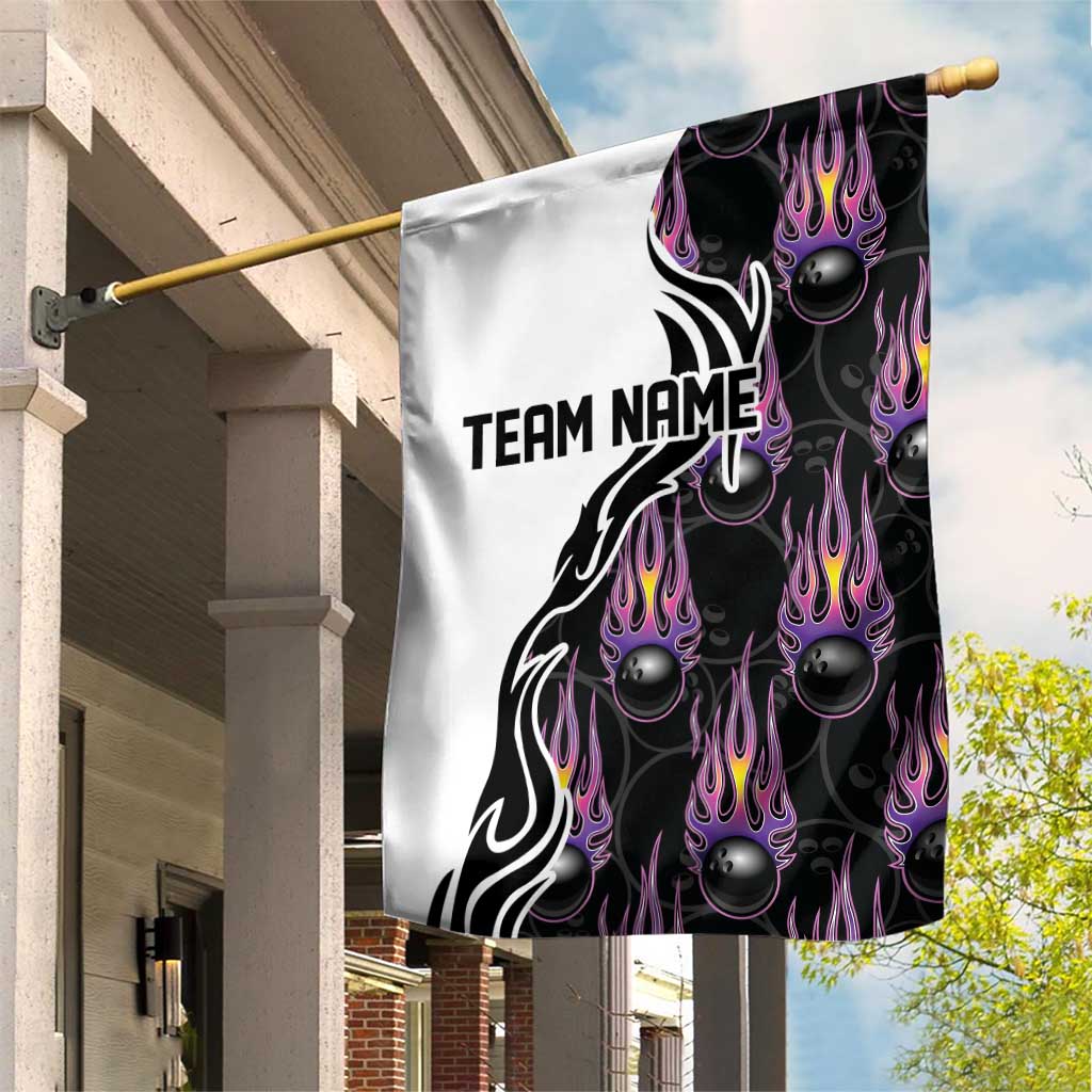 Personalized Bowling Flame Garden Flag Black and White Split Pattern and Purple Fireball Graphics - Wonder Print Shop