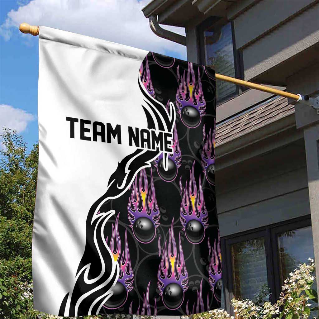 Personalized Bowling Flame Garden Flag Black and White Split Pattern and Purple Fireball Graphics - Wonder Print Shop
