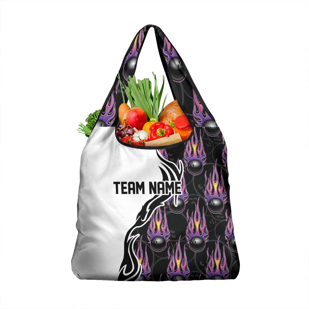 Personalized Bowling Flame Grocery Bag Black and White Split Pattern and Purple Fireball Graphics - Wonder Print Shop