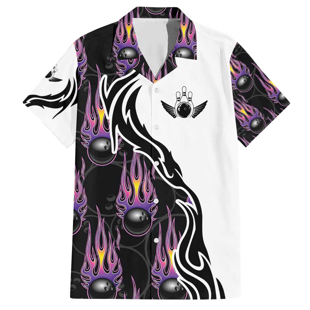 Personalized Bowling Flame Hawaiian Shirt Black and White Split Pattern and Purple Fireball Graphics - Wonder Print Shop