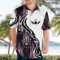Personalized Bowling Flame Hawaiian Shirt Black and White Split Pattern and Purple Fireball Graphics - Wonder Print Shop