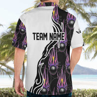 Personalized Bowling Flame Hawaiian Shirt Black and White Split Pattern and Purple Fireball Graphics - Wonder Print Shop
