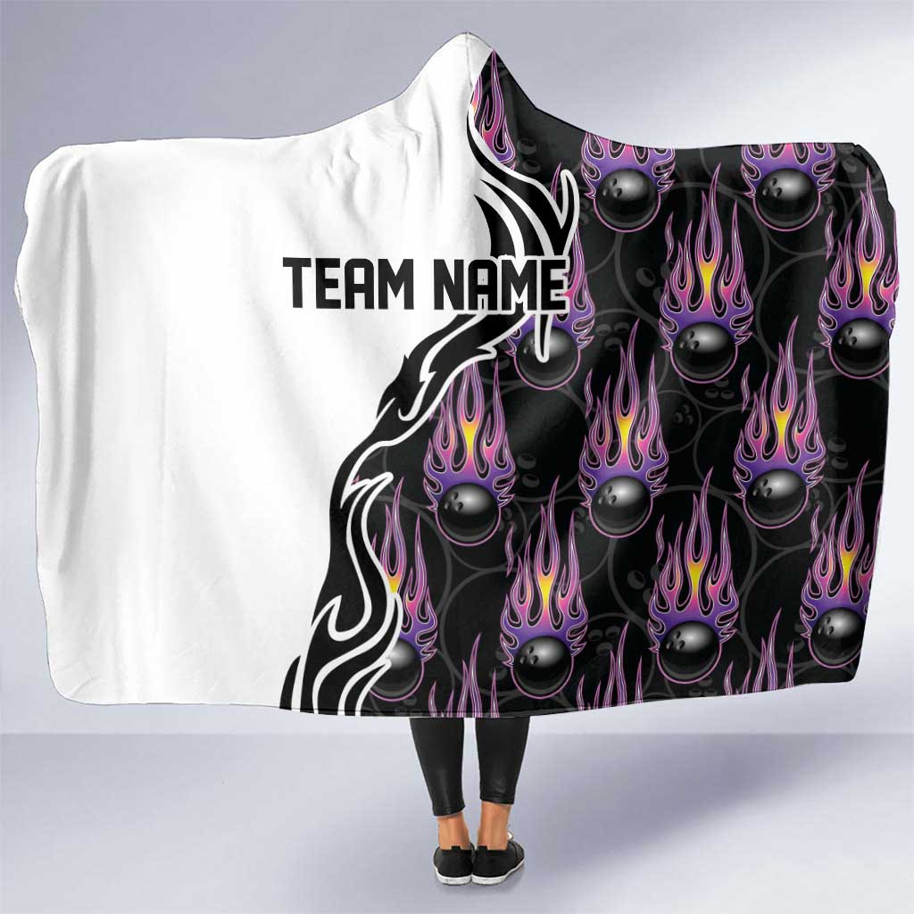 Personalized Bowling Flame Hooded Blanket Black and White Split Pattern and Purple Fireball Graphics - Wonder Print Shop