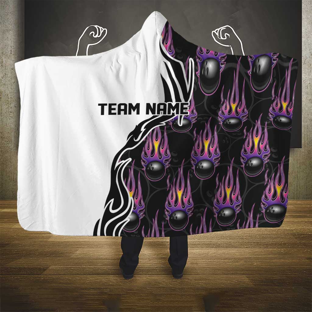 Personalized Bowling Flame Hooded Blanket Black and White Split Pattern and Purple Fireball Graphics - Wonder Print Shop