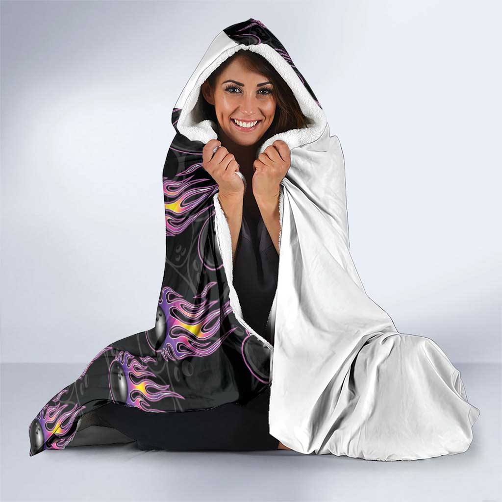 Personalized Bowling Flame Hooded Blanket Black and White Split Pattern and Purple Fireball Graphics - Wonder Print Shop