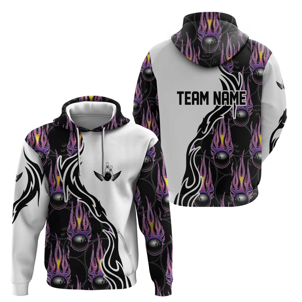Personalized Bowling Flame Hoodie Black and White Split Pattern and Purple Fireball Graphics - Wonder Print Shop