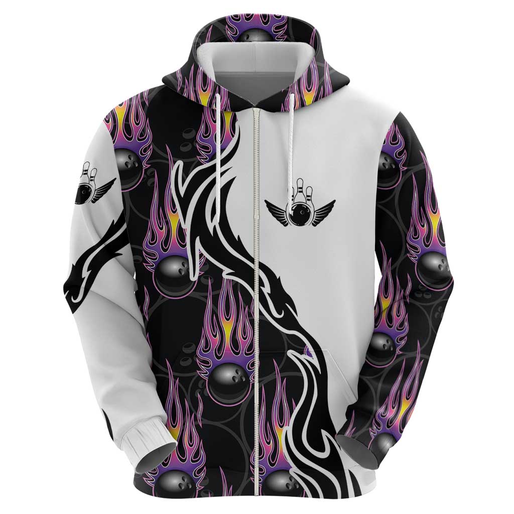 Personalized Bowling Flame Hoodie Black and White Split Pattern and Purple Fireball Graphics - Wonder Print Shop
