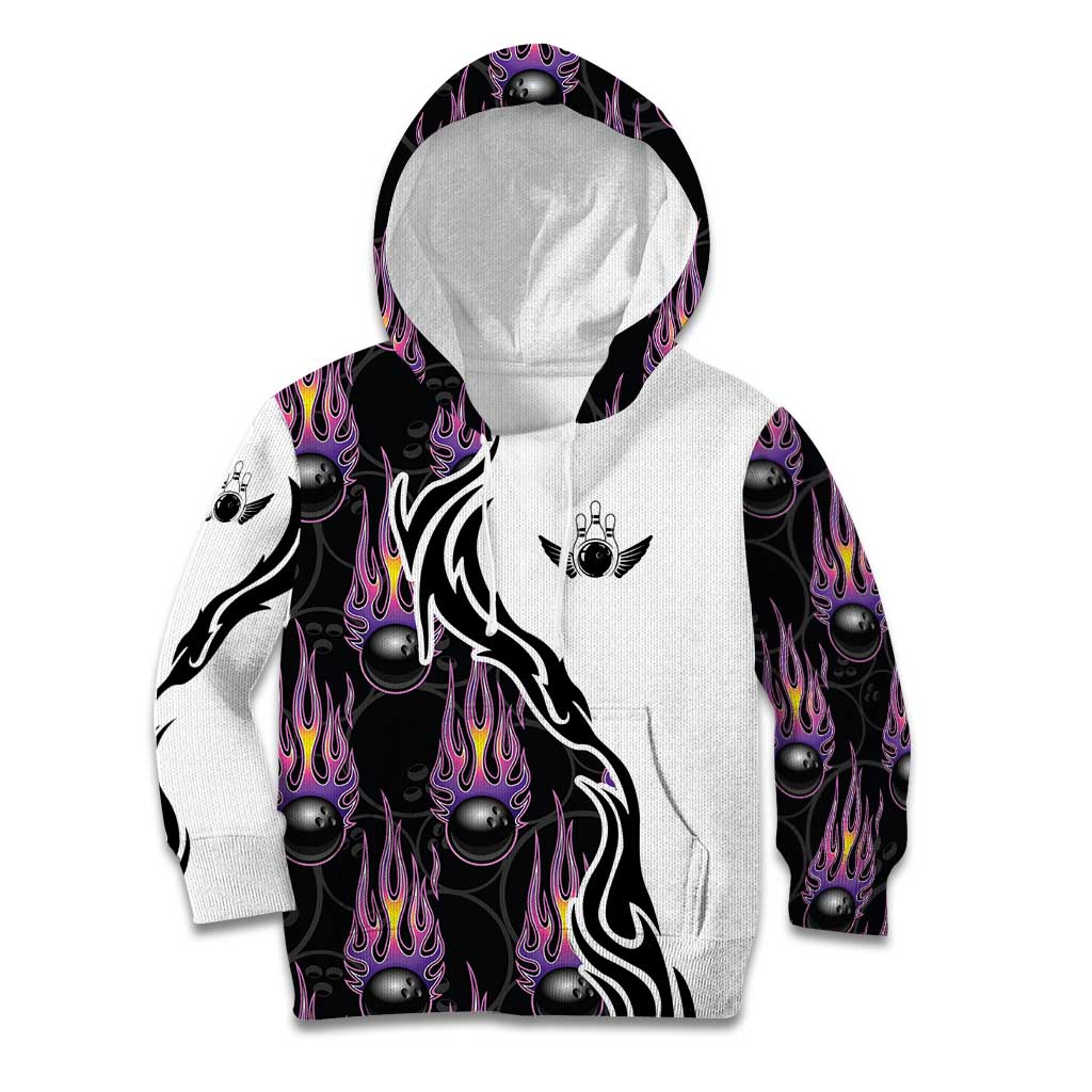 Personalized Bowling Flame Kid Hoodie Black and White Split Pattern and Purple Fireball Graphics - Wonder Print Shop