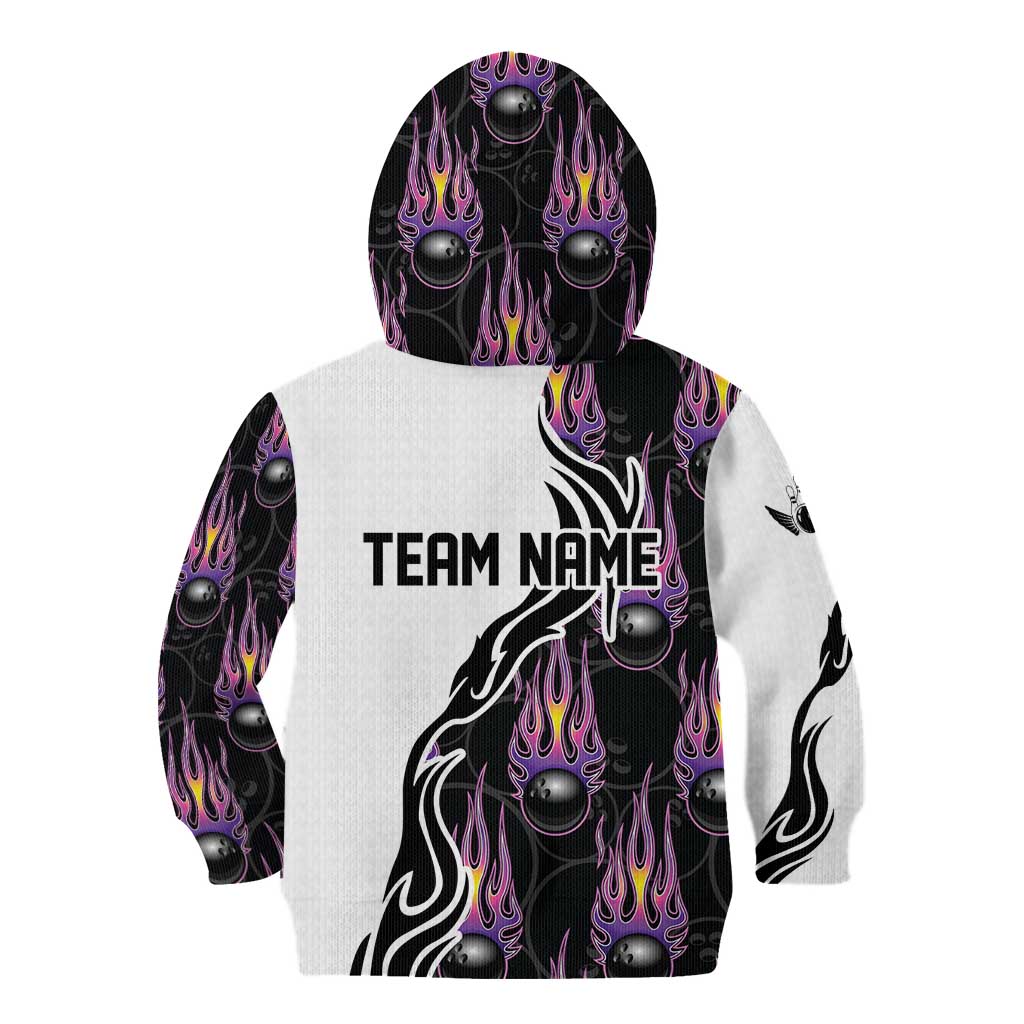 Personalized Bowling Flame Kid Hoodie Black and White Split Pattern and Purple Fireball Graphics - Wonder Print Shop