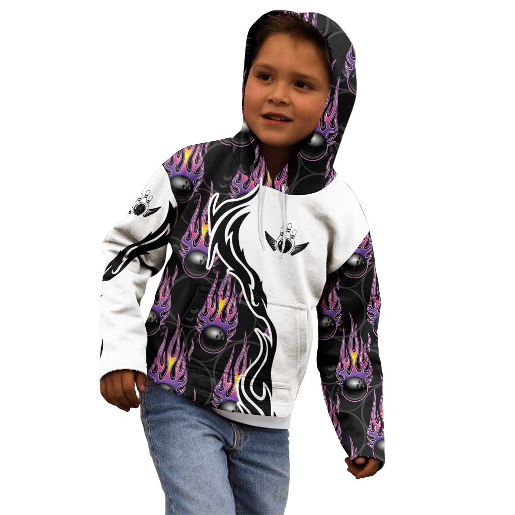 Personalized Bowling Flame Kid Hoodie Black and White Split Pattern and Purple Fireball Graphics - Wonder Print Shop