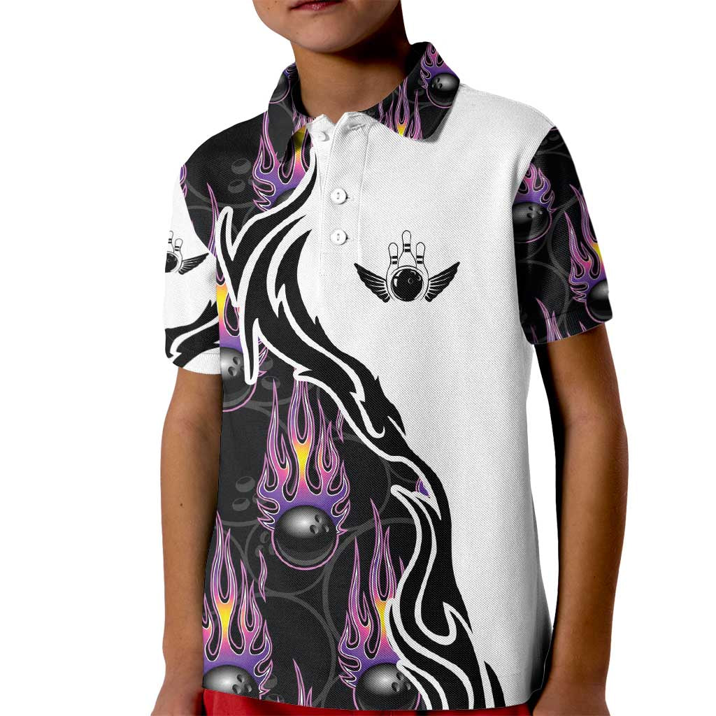 Personalized Bowling Flame Kid Polo Shirt Black and White Split Pattern and Purple Fireball Graphics - Wonder Print Shop