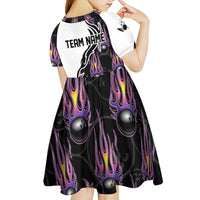 Personalized Bowling Flame Kid Short Sleeve Dress Black and White Split Pattern and Purple Fireball Graphics - Wonder Print Shop