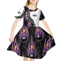 Personalized Bowling Flame Kid Short Sleeve Dress Black and White Split Pattern and Purple Fireball Graphics - Wonder Print Shop
