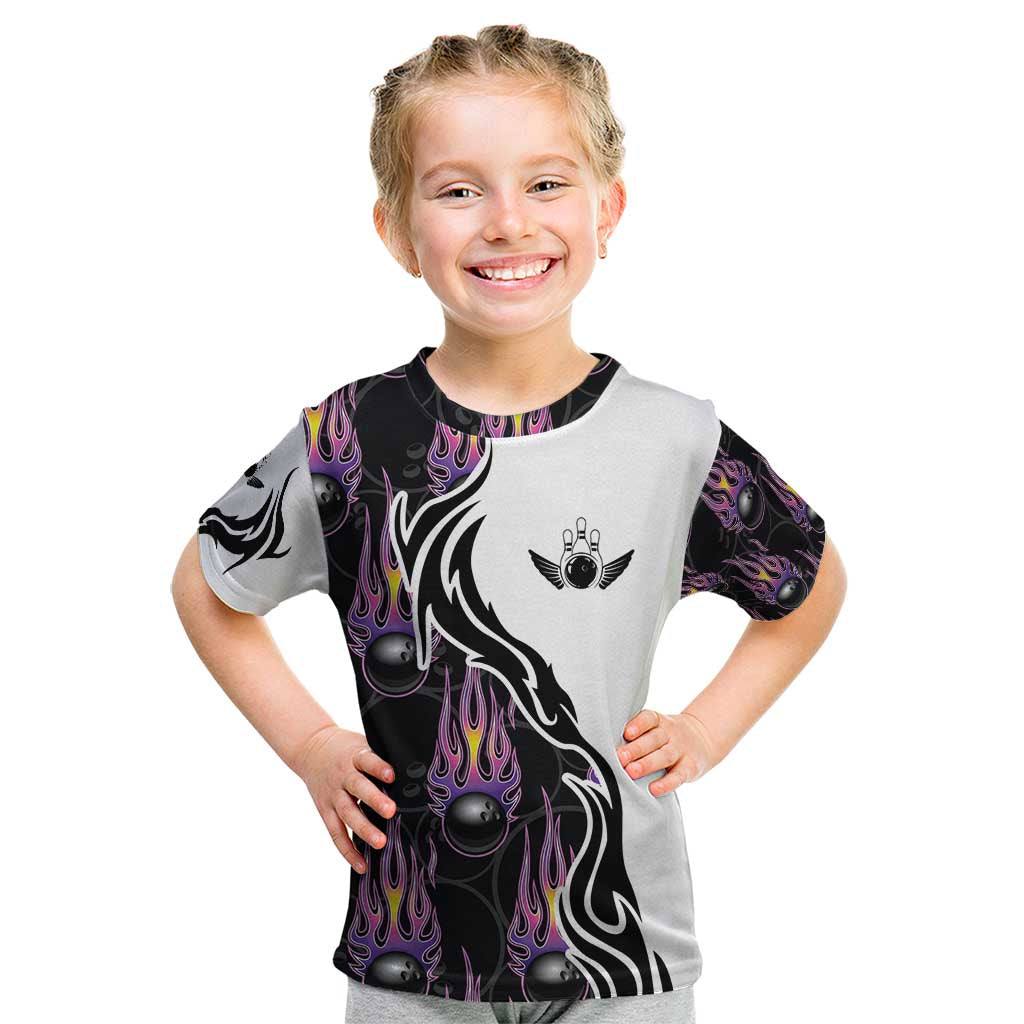 Personalized Bowling Flame Kid T Shirt Black and White Split Pattern and Purple Fireball Graphics - Wonder Print Shop