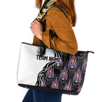 Personalized Bowling Flame Leather Tote Bag Black and White Split Pattern and Purple Fireball Graphics - Wonder Print Shop