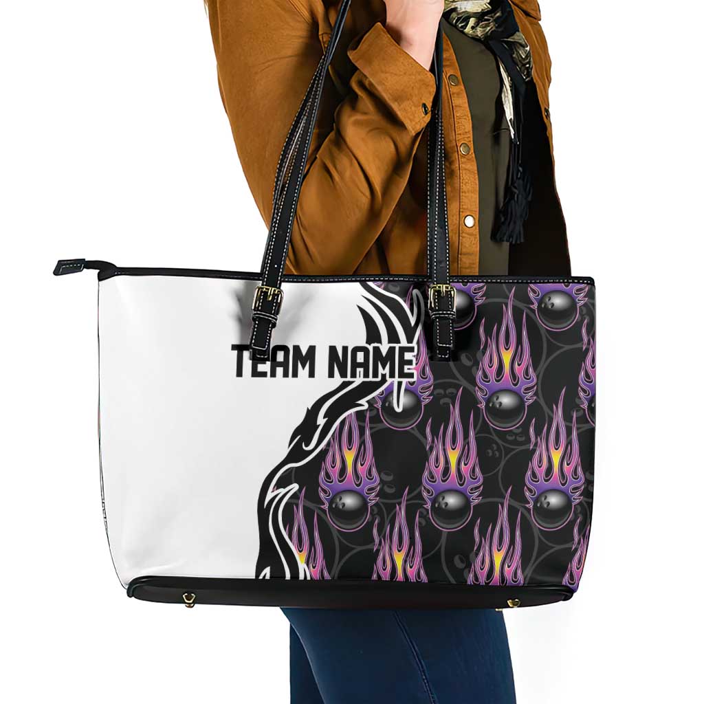 Personalized Bowling Flame Leather Tote Bag Black and White Split Pattern and Purple Fireball Graphics - Wonder Print Shop