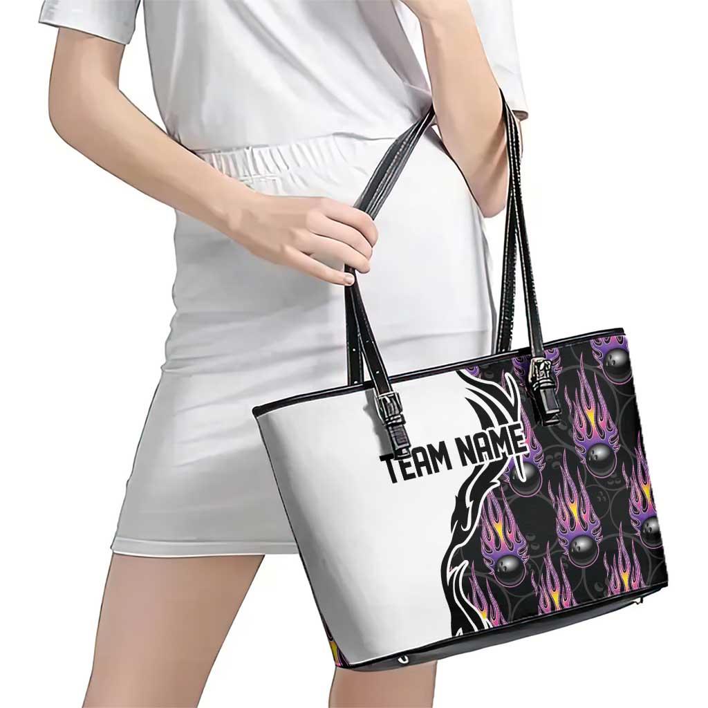 Personalized Bowling Flame Leather Tote Bag Black and White Split Pattern and Purple Fireball Graphics - Wonder Print Shop