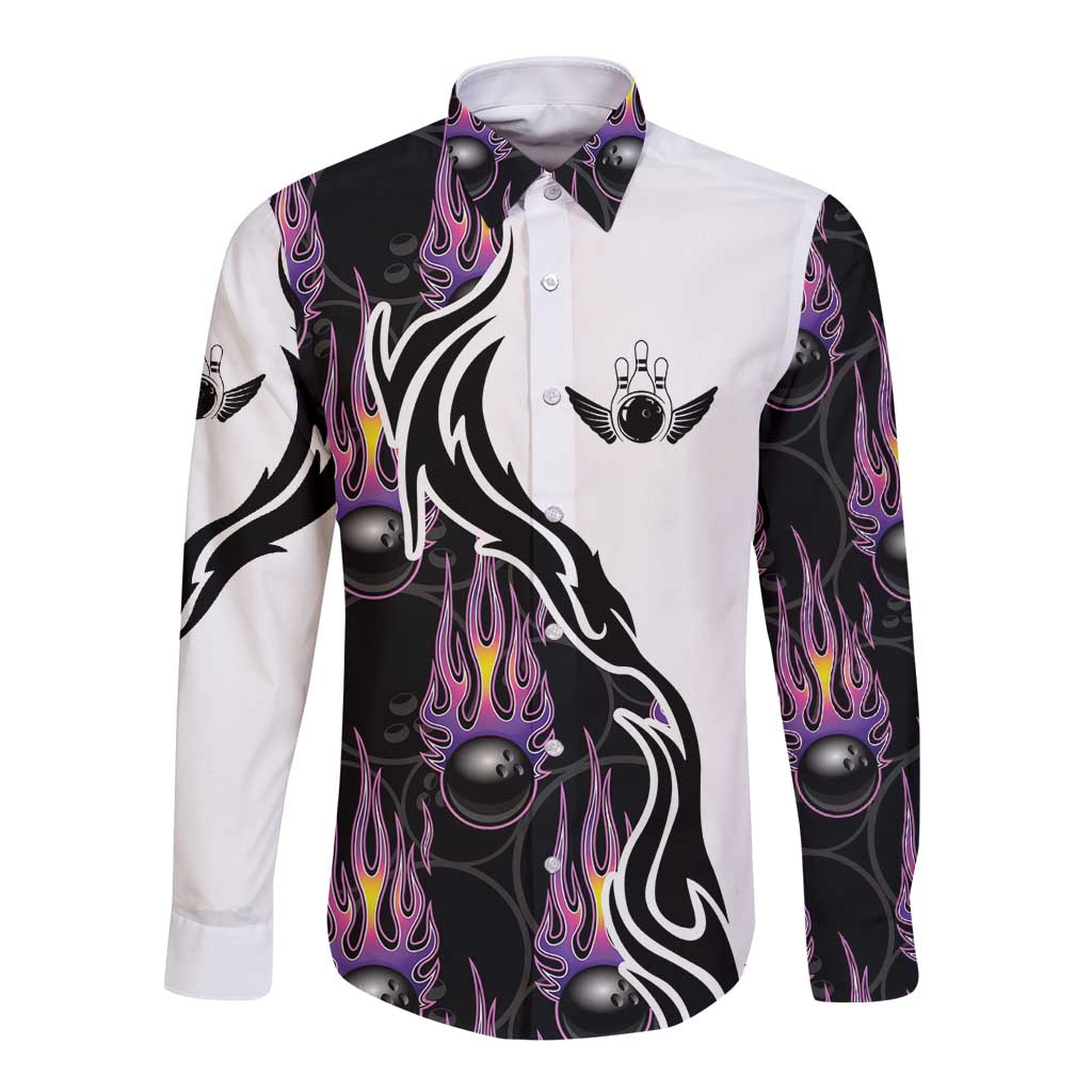 Personalized Bowling Flame Long Sleeve Button Shirt Black and White Split Pattern and Purple Fireball Graphics - Wonder Print Shop
