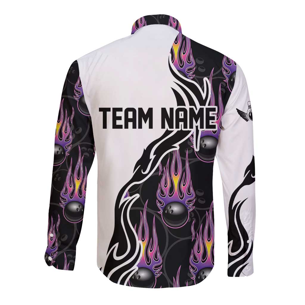 Personalized Bowling Flame Long Sleeve Button Shirt Black and White Split Pattern and Purple Fireball Graphics - Wonder Print Shop