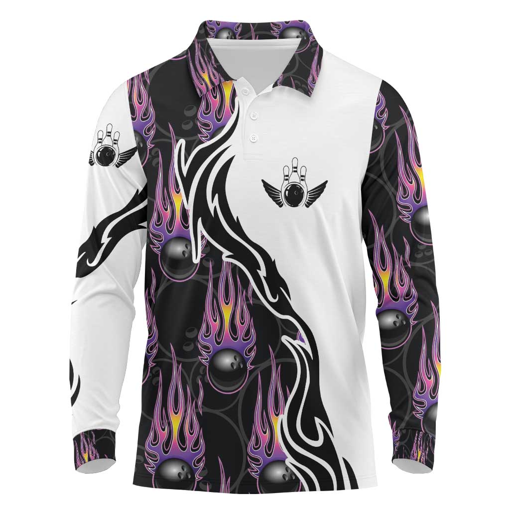 Personalized Bowling Flame Long Sleeve Polo Shirt Black and White Split Pattern and Purple Fireball Graphics - Wonder Print Shop