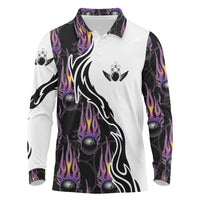 Personalized Bowling Flame Long Sleeve Polo Shirt Black and White Split Pattern and Purple Fireball Graphics - Wonder Print Shop