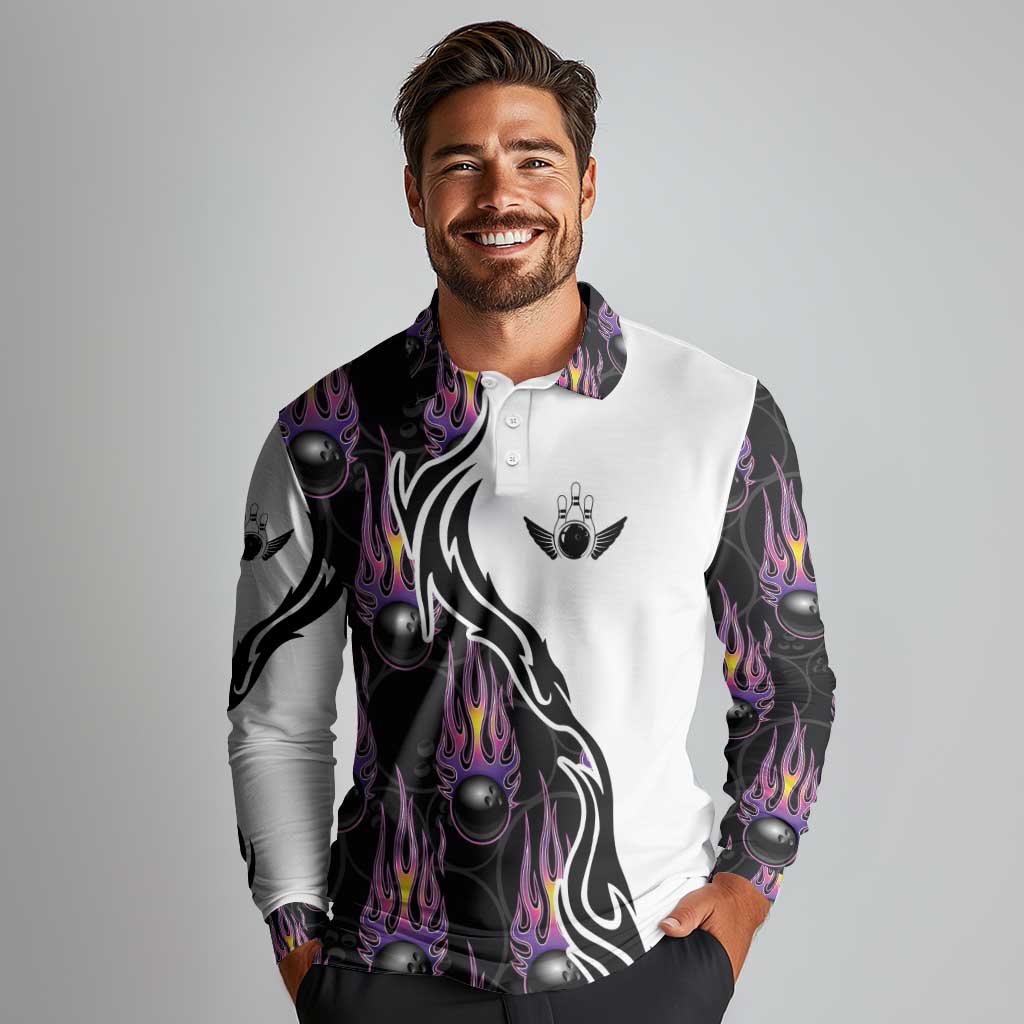 Personalized Bowling Flame Long Sleeve Polo Shirt Black and White Split Pattern and Purple Fireball Graphics - Wonder Print Shop