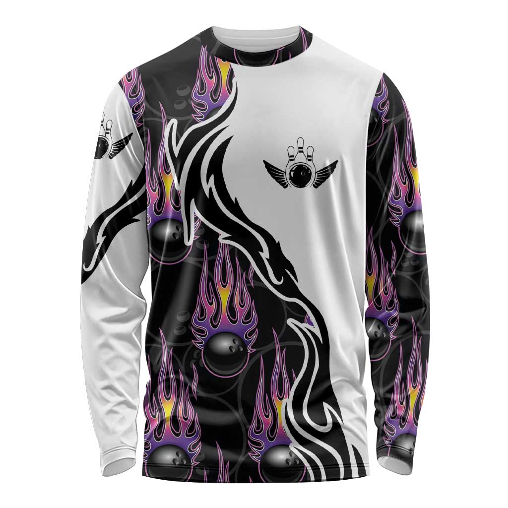 Personalized Bowling Flame Long Sleeve Shirt Black and White Split Pattern and Purple Fireball Graphics - Wonder Print Shop