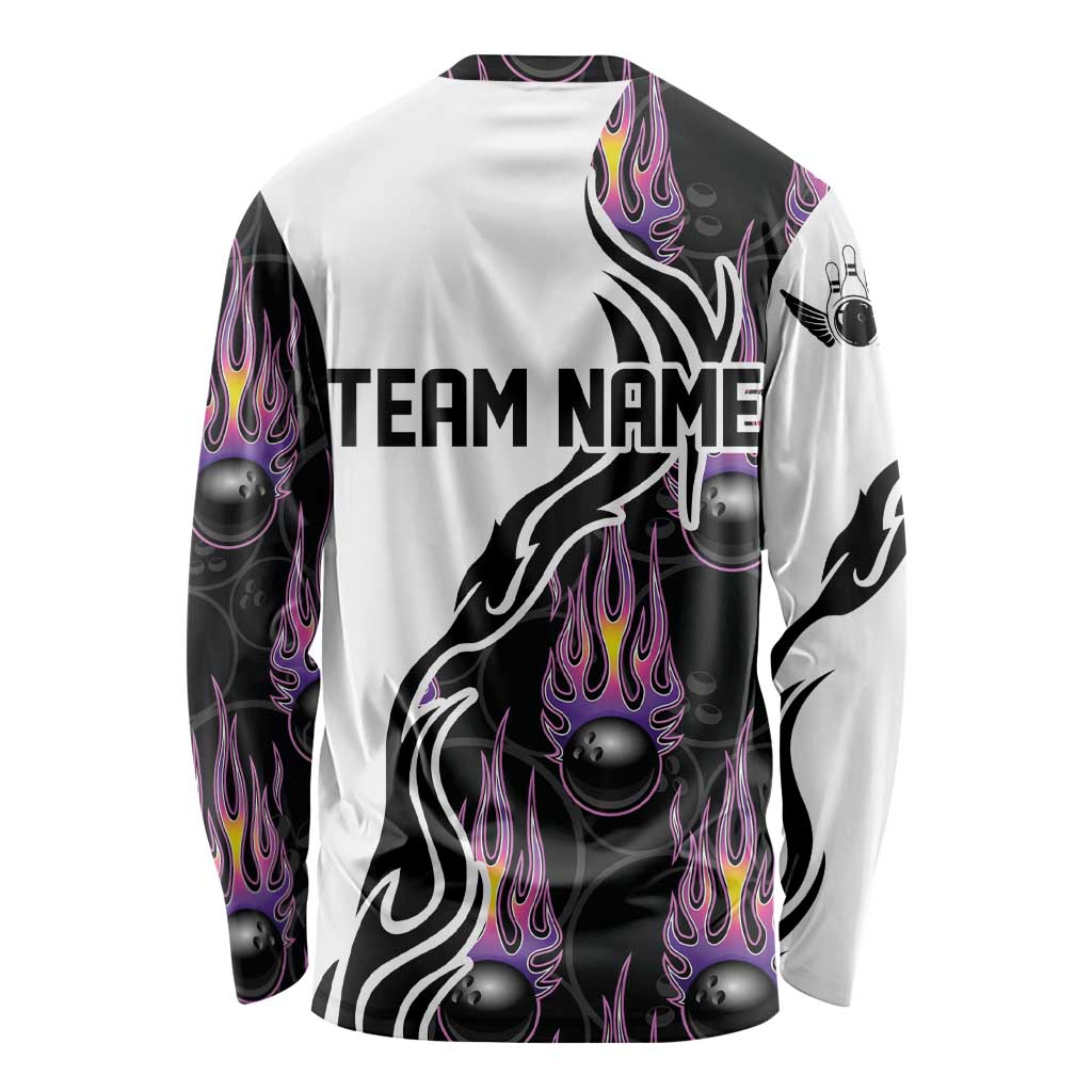 Personalized Bowling Flame Long Sleeve Shirt Black and White Split Pattern and Purple Fireball Graphics - Wonder Print Shop