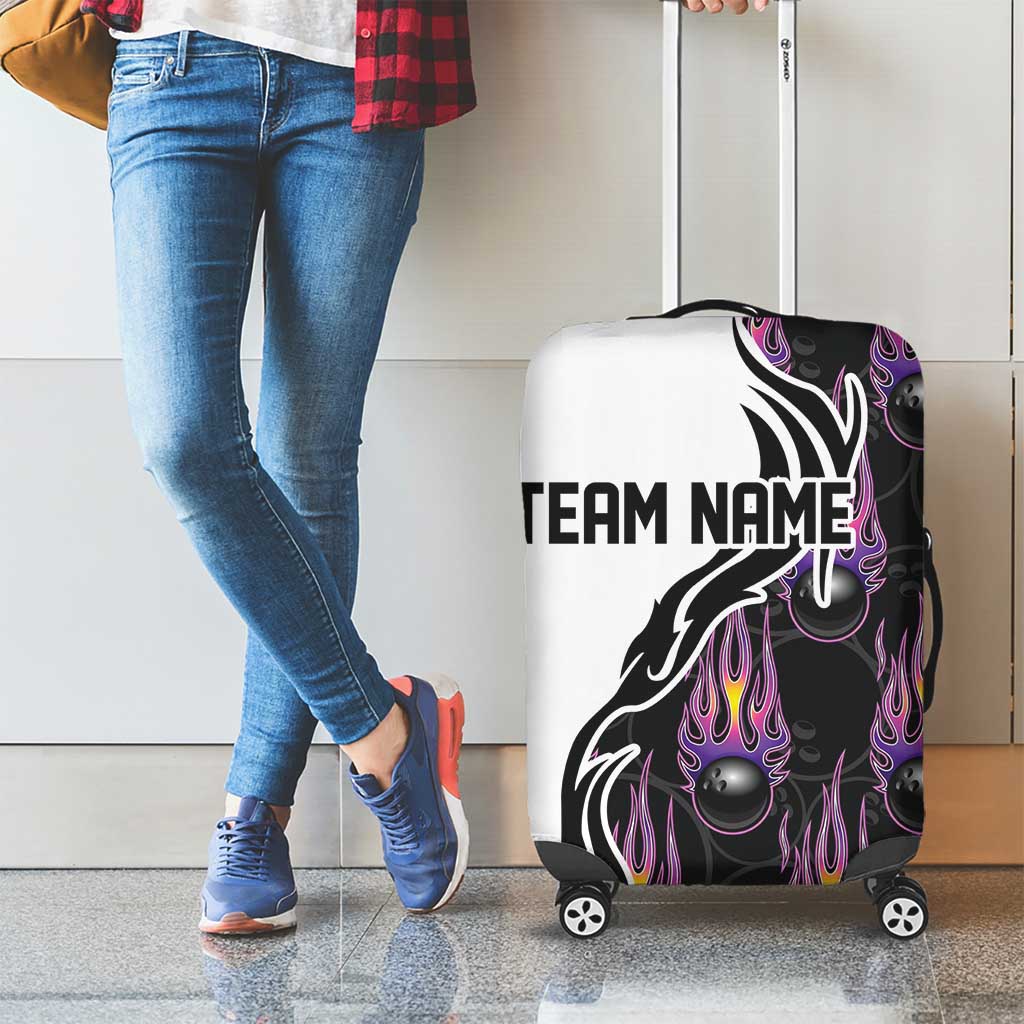 Personalized Bowling Flame Luggage Cover Black and White Split Pattern and Purple Fireball Graphics - Wonder Print Shop