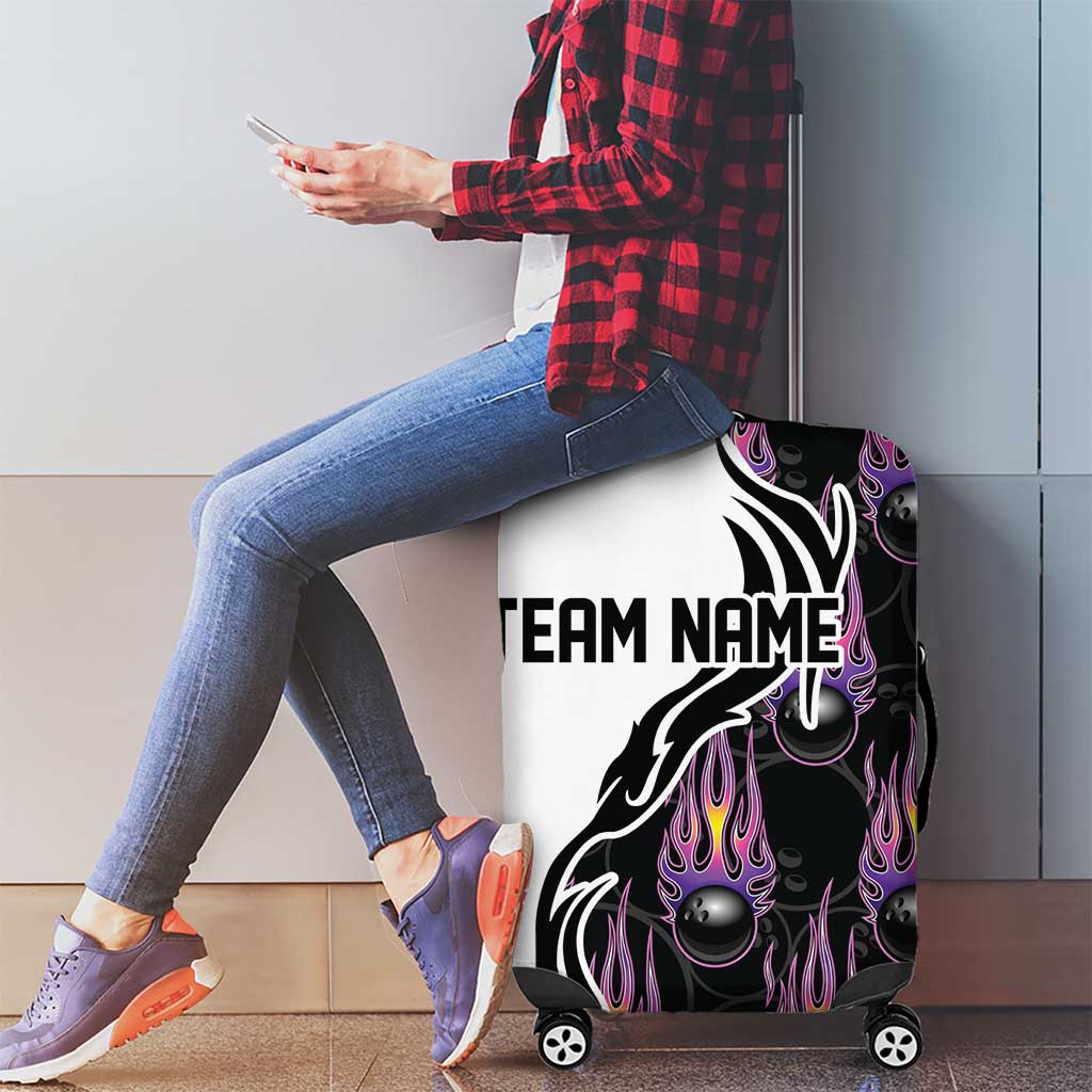 Personalized Bowling Flame Luggage Cover Black and White Split Pattern and Purple Fireball Graphics - Wonder Print Shop
