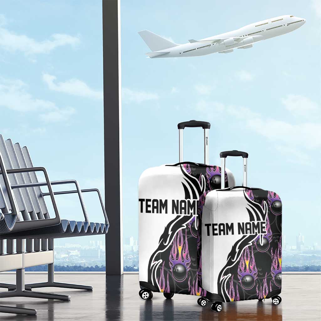 Personalized Bowling Flame Luggage Cover Black and White Split Pattern and Purple Fireball Graphics - Wonder Print Shop