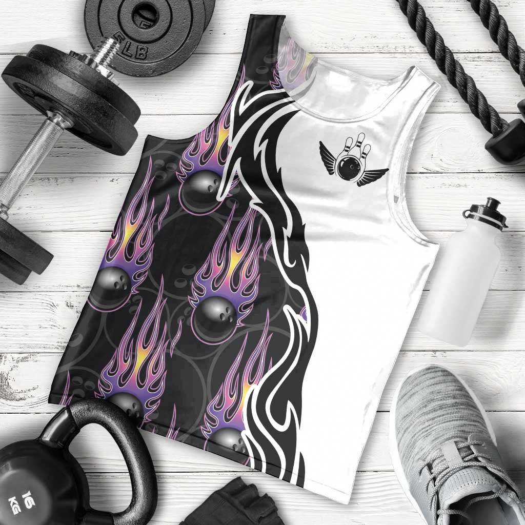 Personalized Bowling Flame Men Tank Top Black and White Split Pattern and Purple Fireball Graphics - Wonder Print Shop