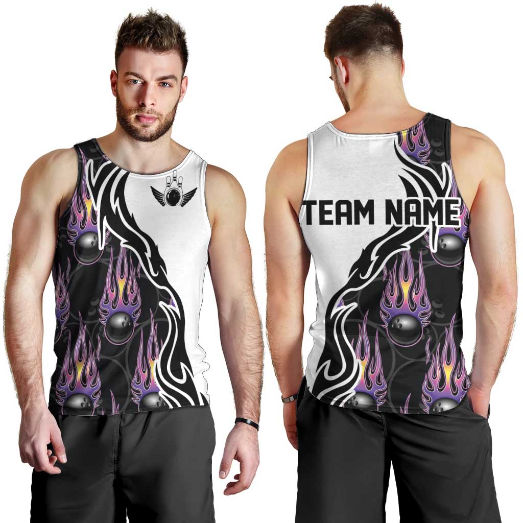 Personalized Bowling Flame Men Tank Top Black and White Split Pattern and Purple Fireball Graphics - Wonder Print Shop