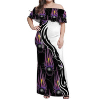 Personalized Bowling Flame Off Shoulder Maxi Dress Black and White Split Pattern and Purple Fireball Graphics - Wonder Print Shop