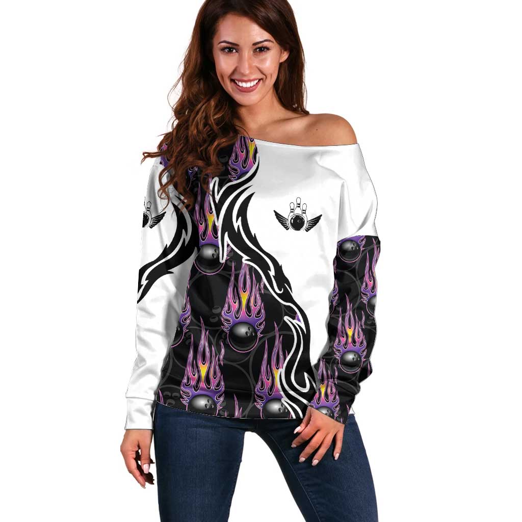 Personalized Bowling Flame Off Shoulder Sweater Black and White Split Pattern and Purple Fireball Graphics - Wonder Print Shop