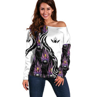 Personalized Bowling Flame Off Shoulder Sweater Black and White Split Pattern and Purple Fireball Graphics - Wonder Print Shop