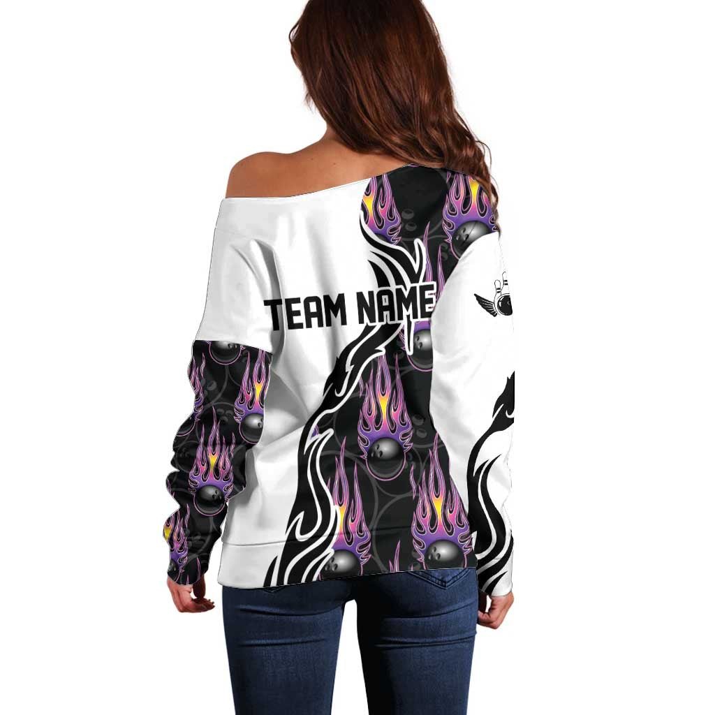 Personalized Bowling Flame Off Shoulder Sweater Black and White Split Pattern and Purple Fireball Graphics - Wonder Print Shop