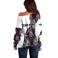 Personalized Bowling Flame Off Shoulder Sweater Black and White Split Pattern and Purple Fireball Graphics - Wonder Print Shop