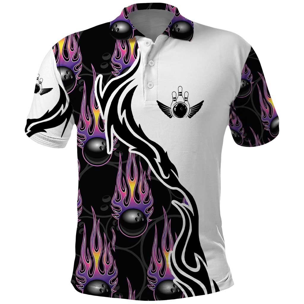 Personalized Bowling Flame Polo Shirt Black and White Split Pattern and Purple Fireball Graphics - Wonder Print Shop