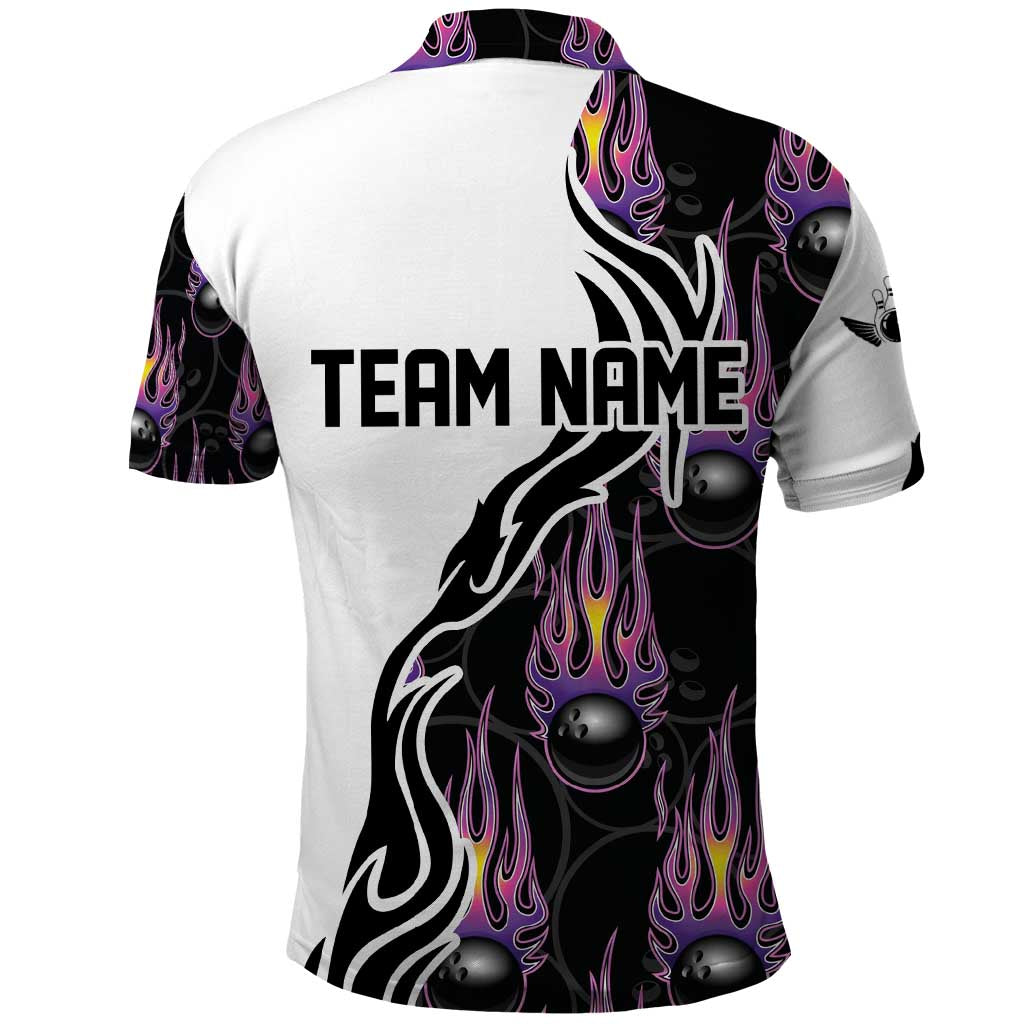 Personalized Bowling Flame Polo Shirt Black and White Split Pattern and Purple Fireball Graphics - Wonder Print Shop