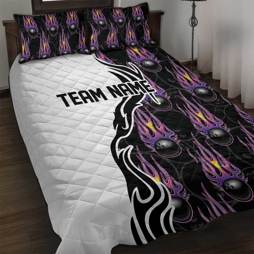 Personalized Bowling Flame Quilt Bed Set Black and White Split Pattern and Purple Fireball Graphics - Wonder Print Shop