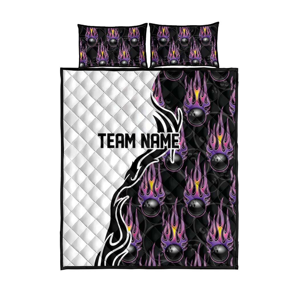 Personalized Bowling Flame Quilt Bed Set Black and White Split Pattern and Purple Fireball Graphics - Wonder Print Shop