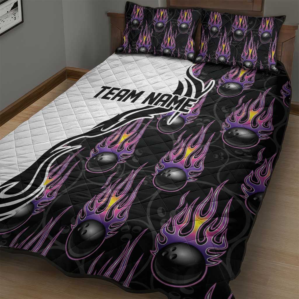 Personalized Bowling Flame Quilt Bed Set Black and White Split Pattern and Purple Fireball Graphics - Wonder Print Shop