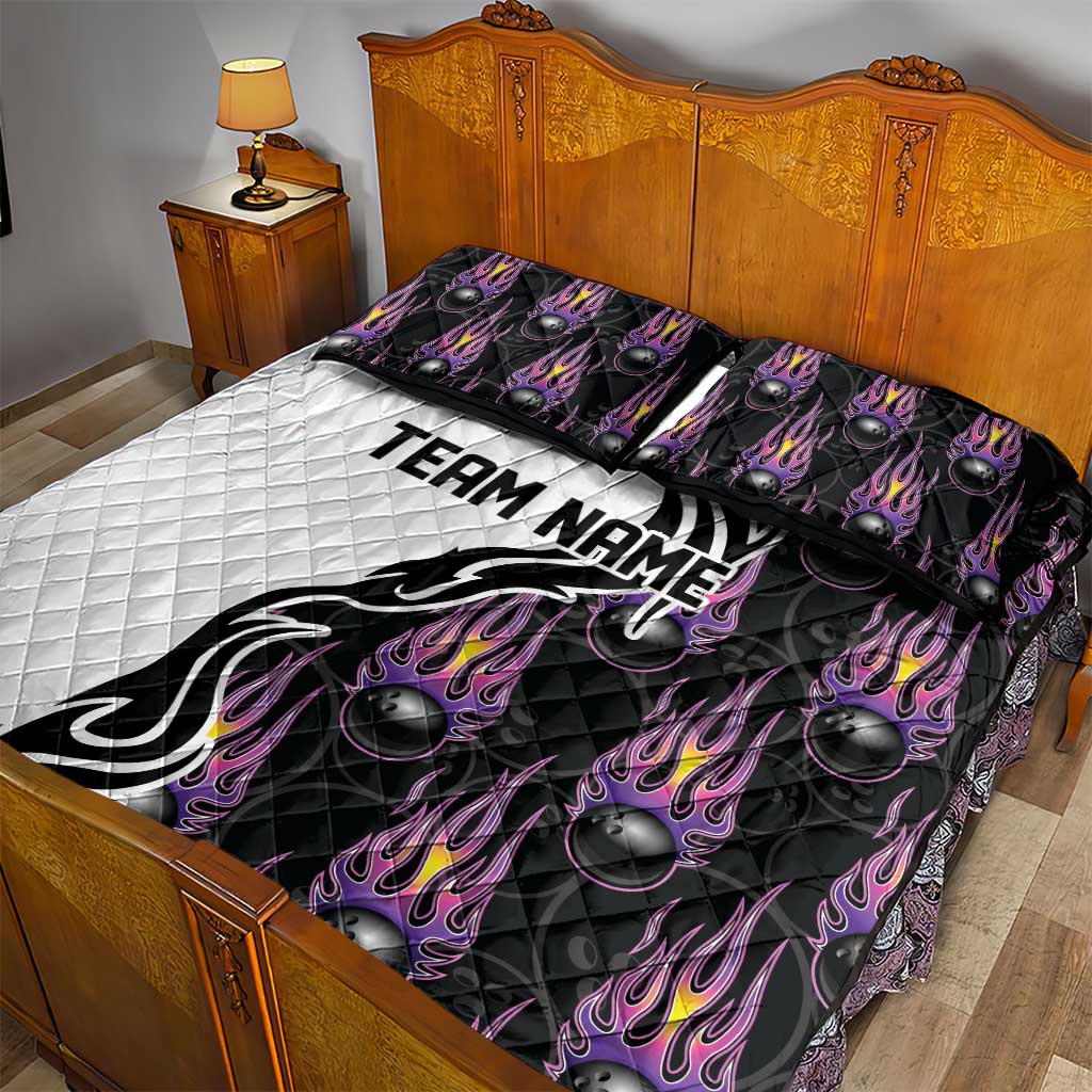 Personalized Bowling Flame Quilt Bed Set Black and White Split Pattern and Purple Fireball Graphics - Wonder Print Shop