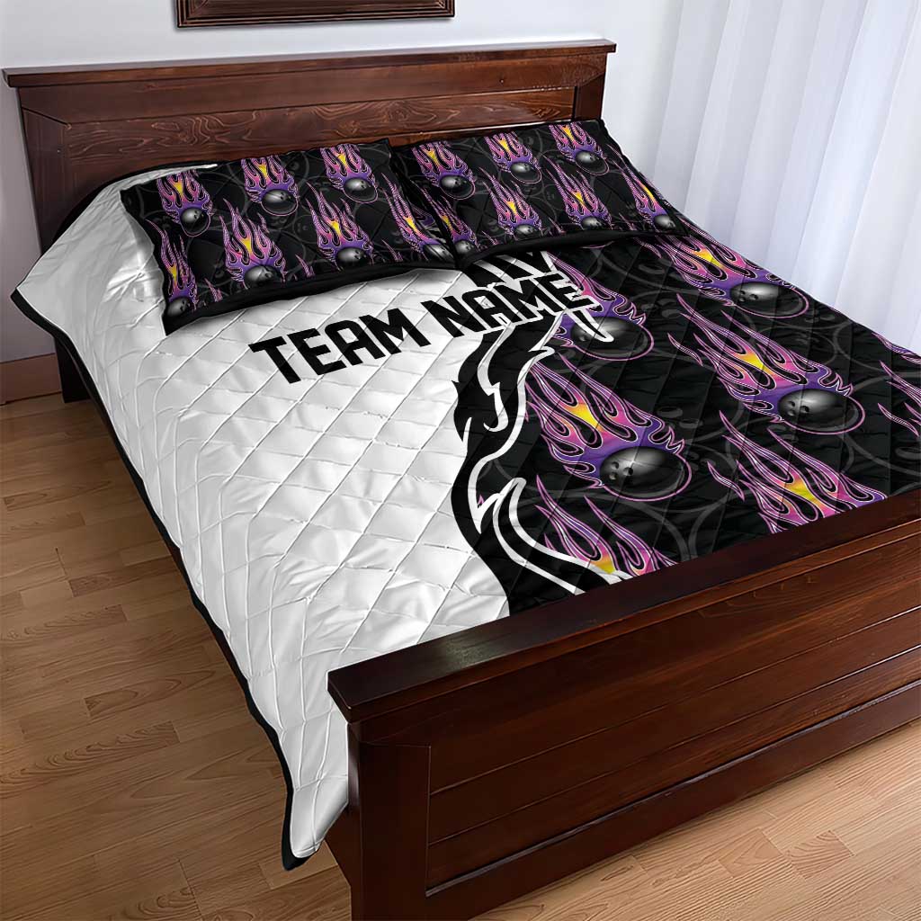 Personalized Bowling Flame Quilt Bed Set Black and White Split Pattern and Purple Fireball Graphics - Wonder Print Shop